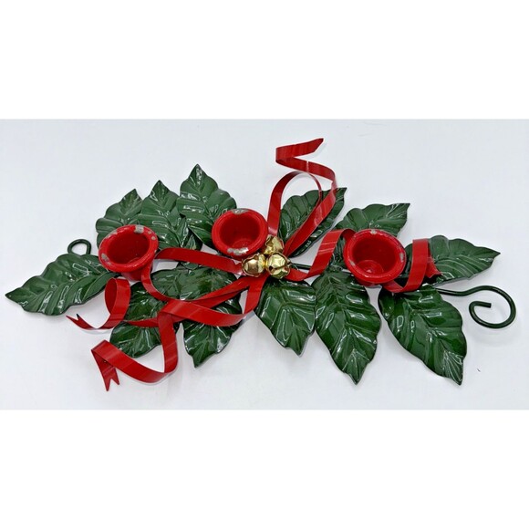 Vintage Christmas Department 56 Metal Holly Ribbon Candle Holder 3 Candles 12” - Picture 7 of 13